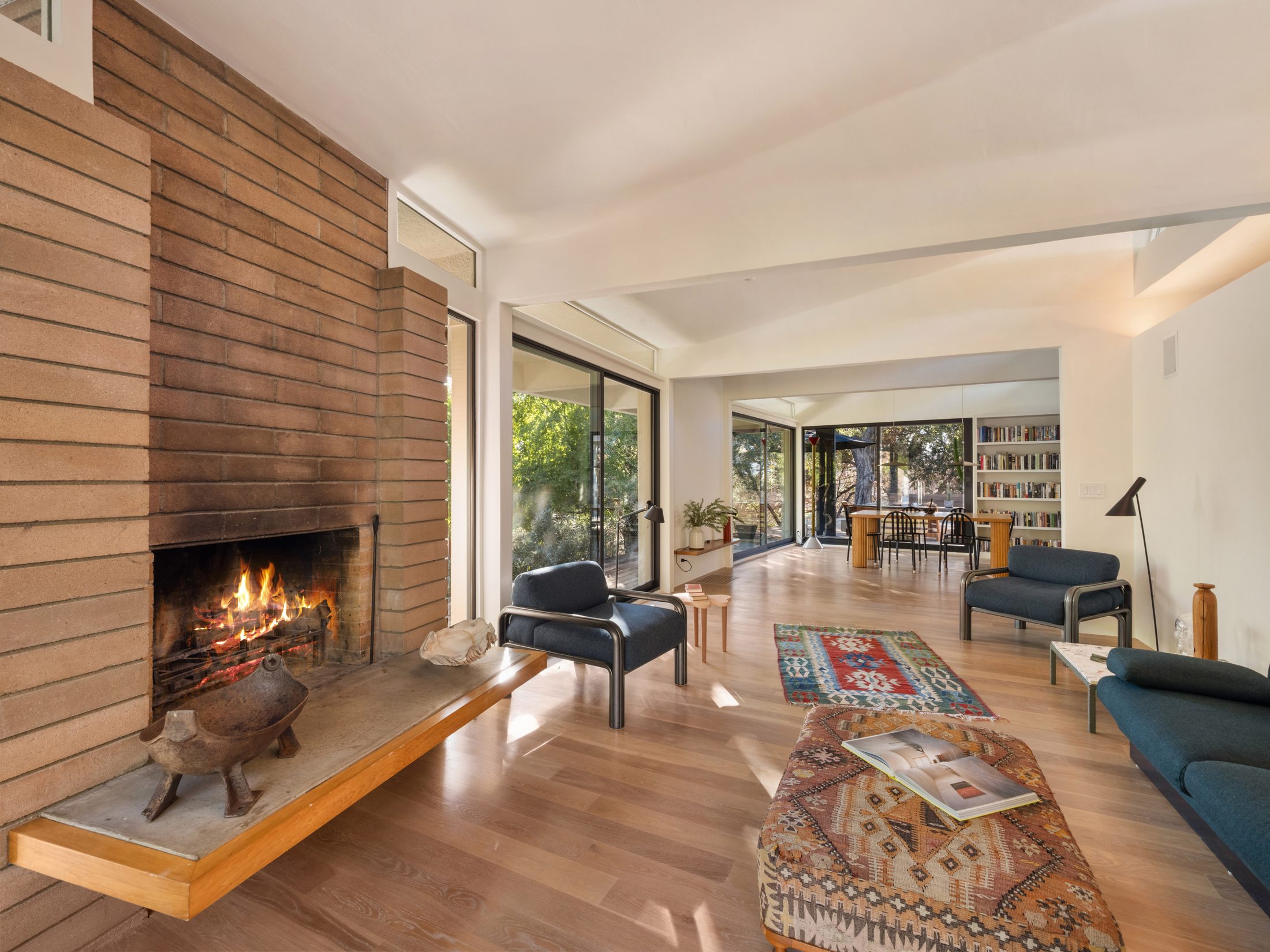 David Green House, living room and wood fireplace wall