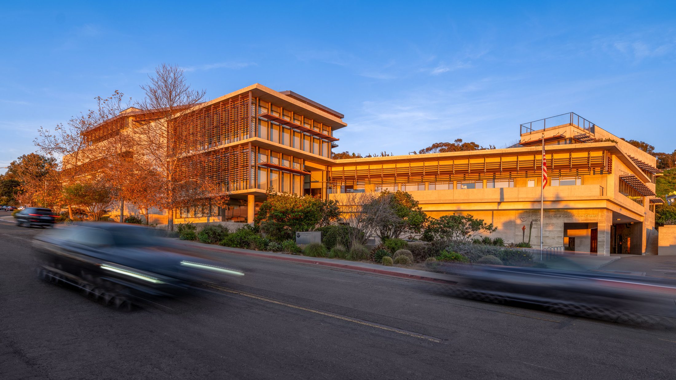 NOAA Southwest Fisheries Science Center, building at sunset