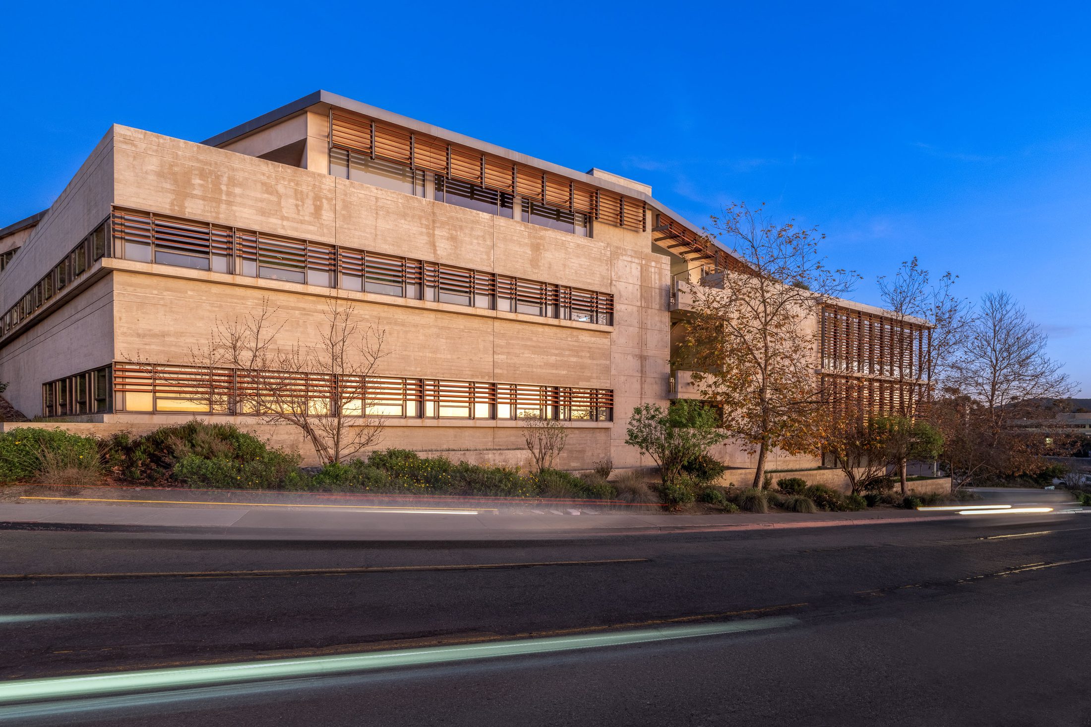 NOAA Southwest Fisheries Science Center, south facade at dusk