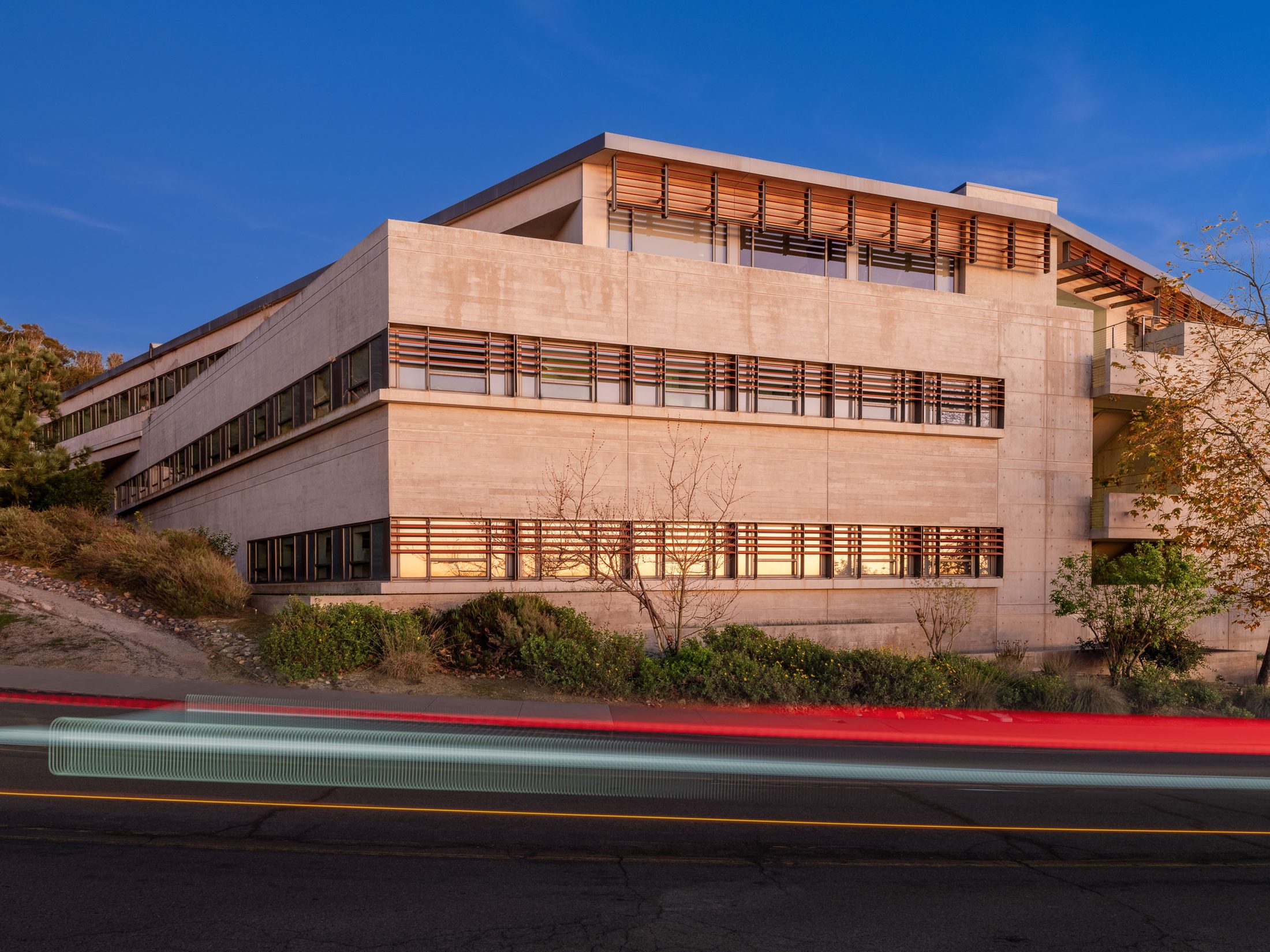NOAA Southwest Fisheries Science Center, west facade at dusk